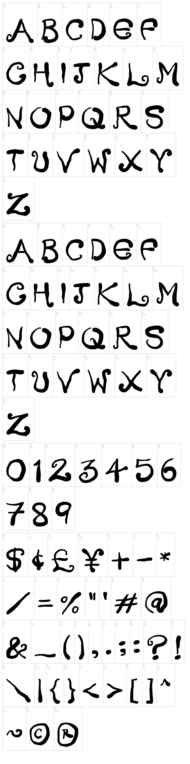 Creepy Scrawly font map